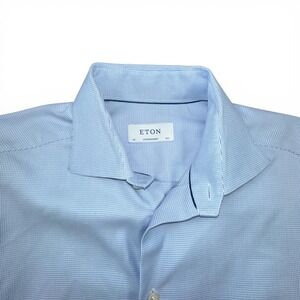 Eton Dress Shirt Mens 17.5 Blue Check Long Sleeve Contemporary Spread Collar
